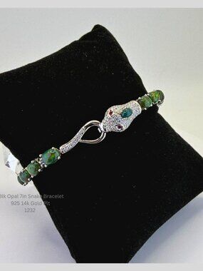 Black Opal Snake Bracelet 925 Sterling Silver 14K Gold Plated Garnet Topaz 7in